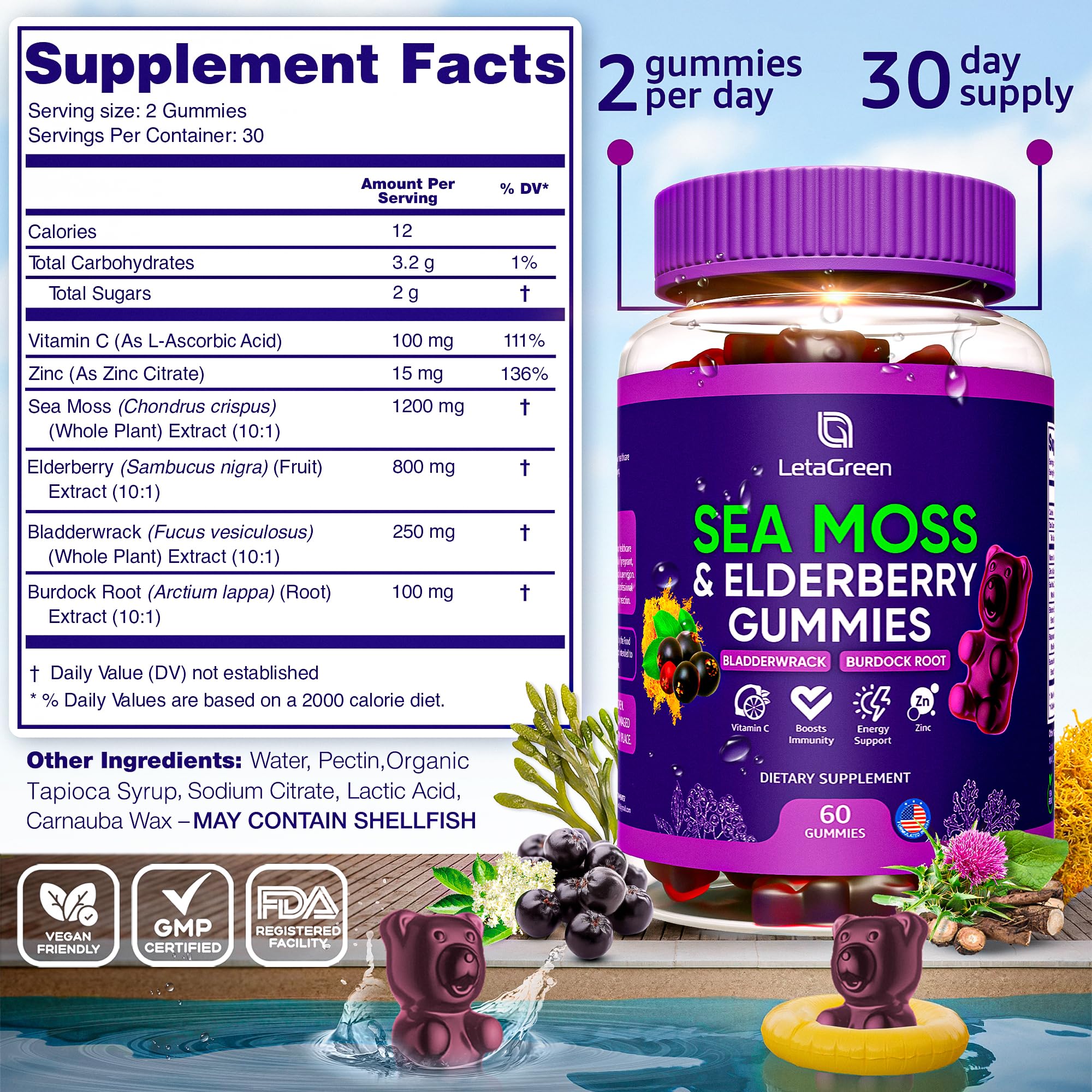 LetaGreen Sea Moss Gummies ingredients list on packaging
