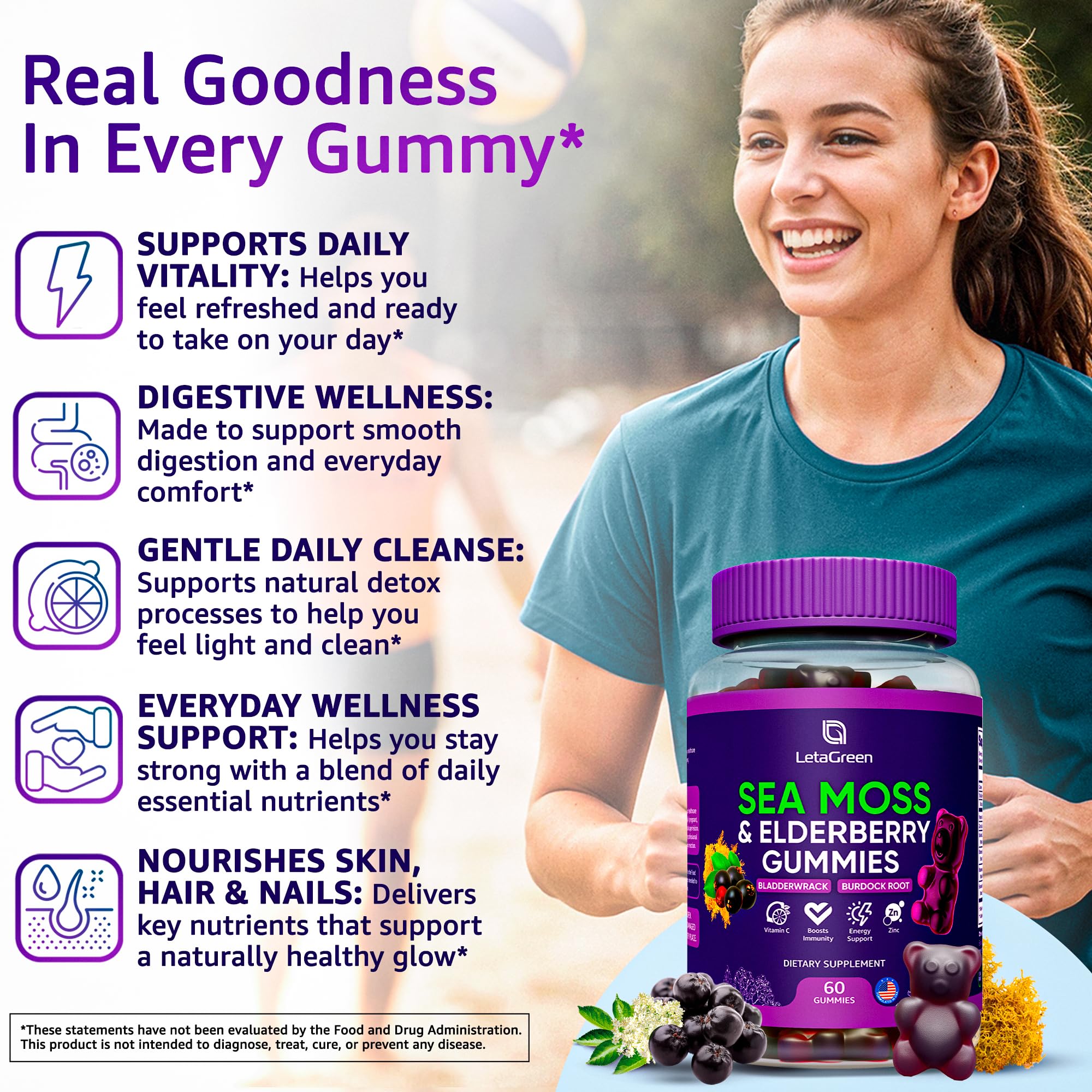 LetaGreen Sea Moss Gummies with a hand holding a gummy