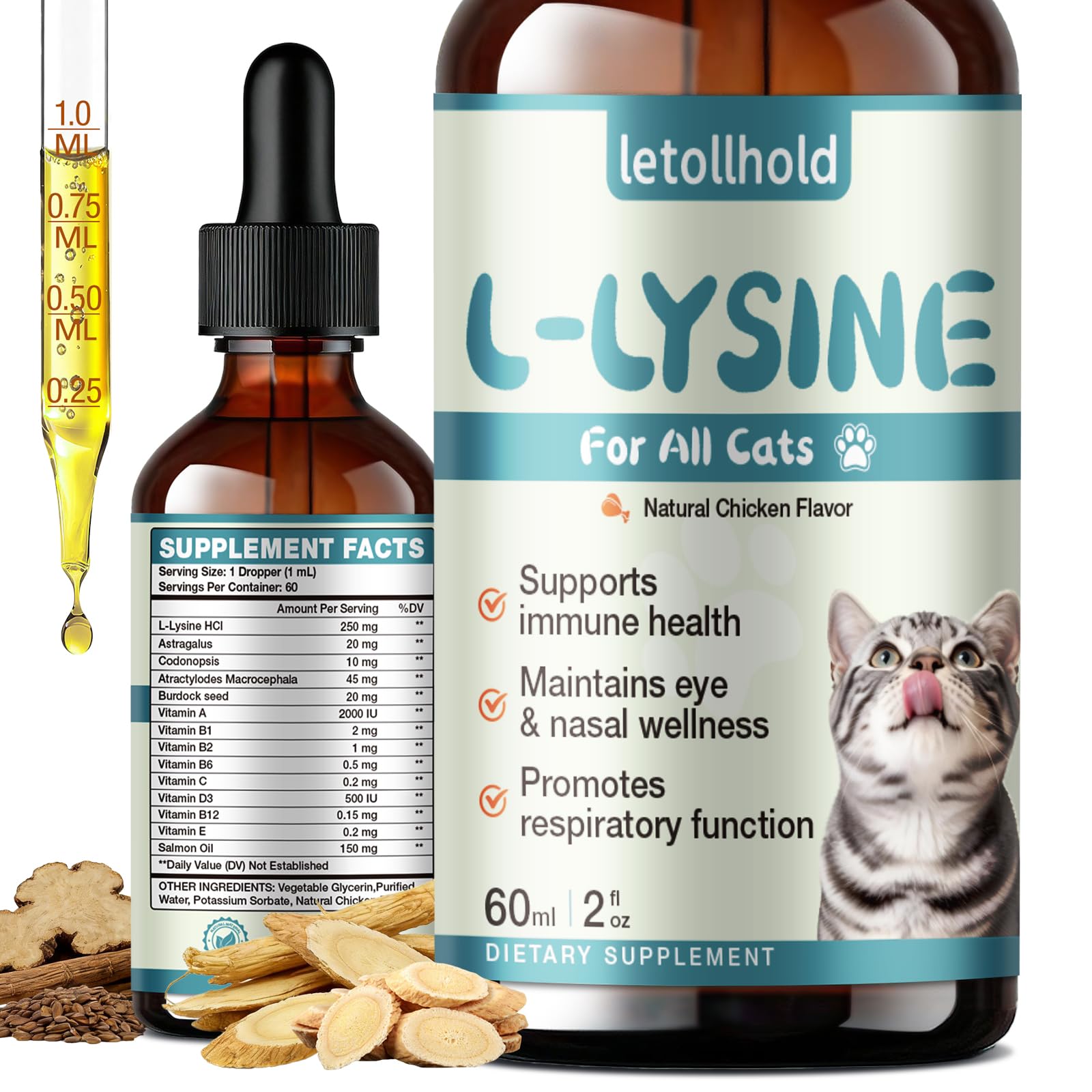 letollhold L-Lysine Liquid Drops for Cats 60mL front view