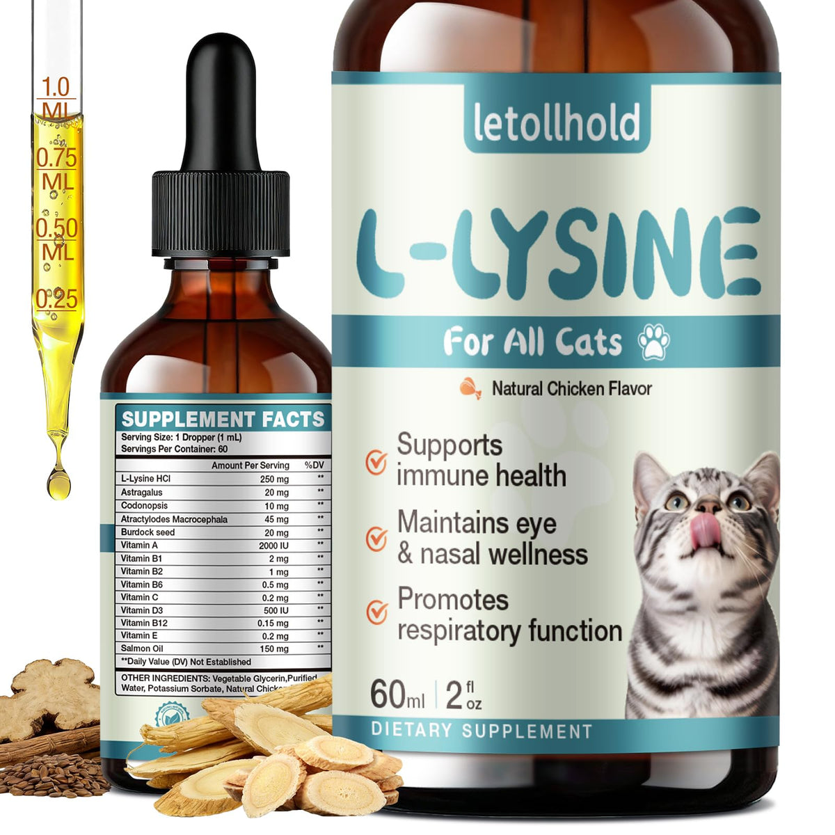letollhold L-Lysine Liquid Drops for Cats 60mL front view
