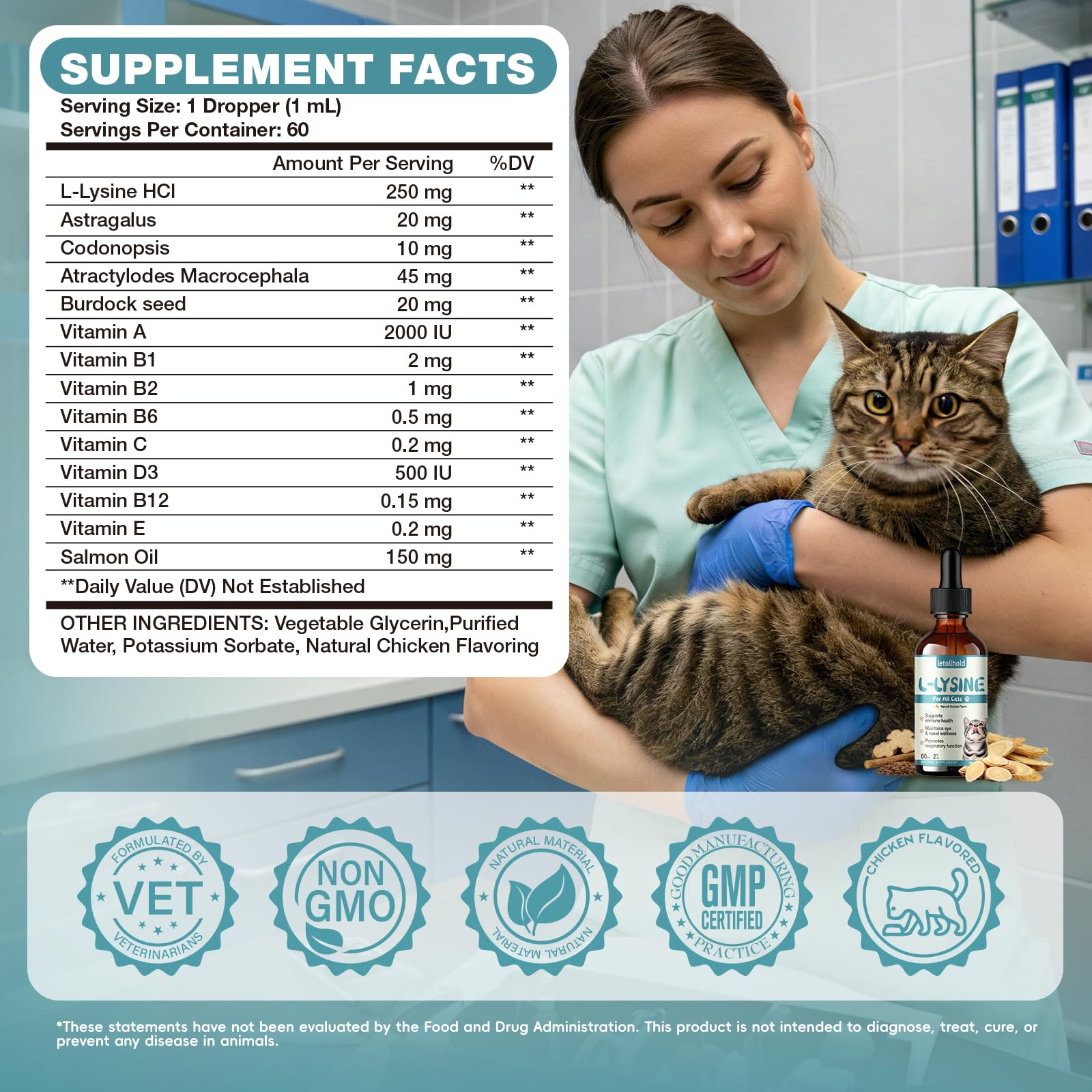 letollhold L-Lysine Liquid Drops for Cats 60mL with ingredients list