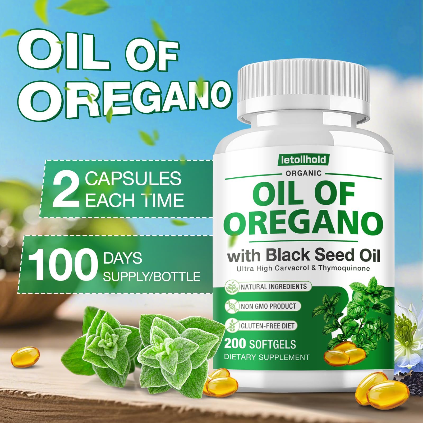 letollhold Oregano Oil Softgels bottle side view