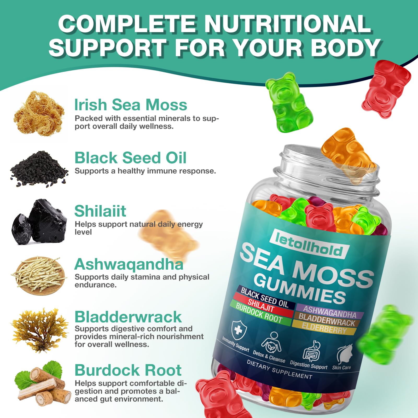 letollhold Organic Sea Moss Gummies side view with nutritional information