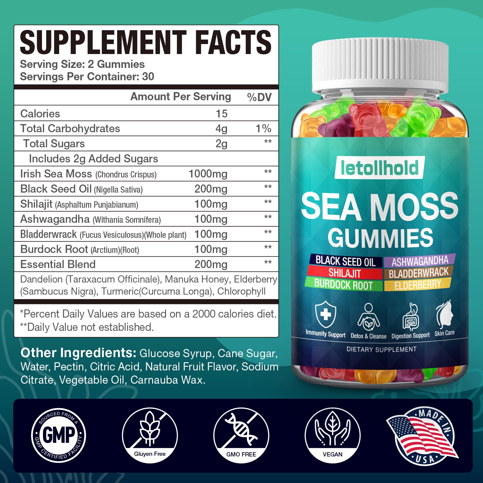 letollhold Organic Sea Moss Gummies with a measuring spoon