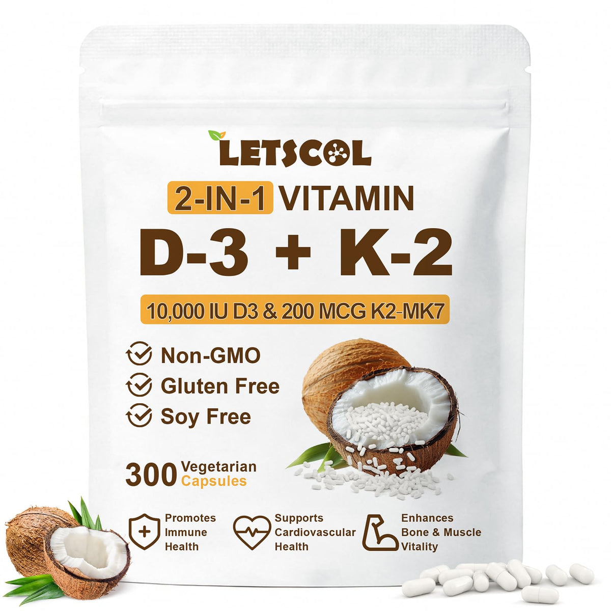 LETSCOL Advanced Vitamin D3 K2 Supplement capsules front view