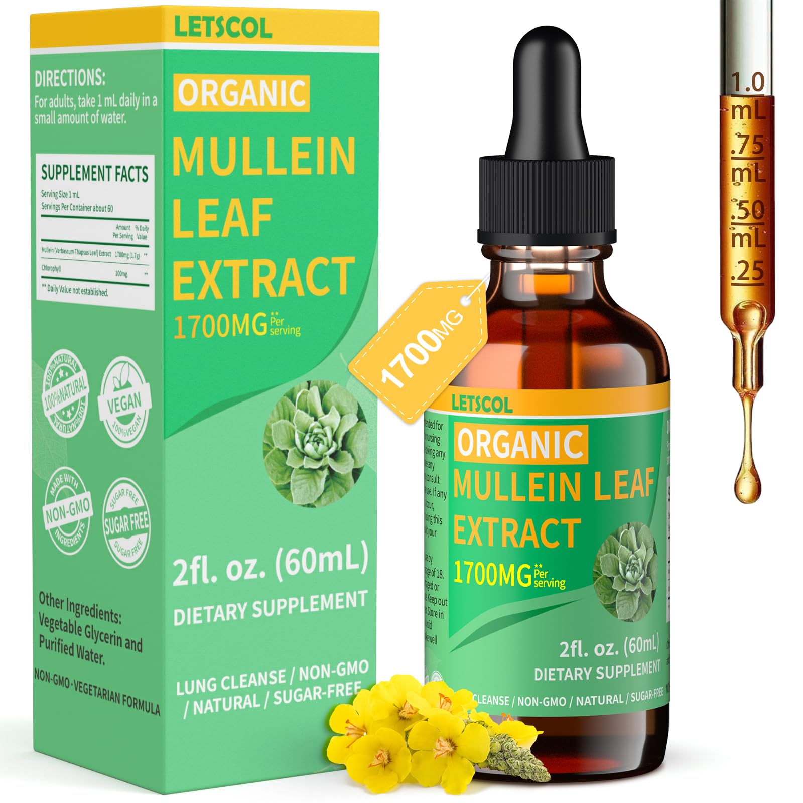 LETSCOL Organic Mullein Drops 1700MG bottle front view