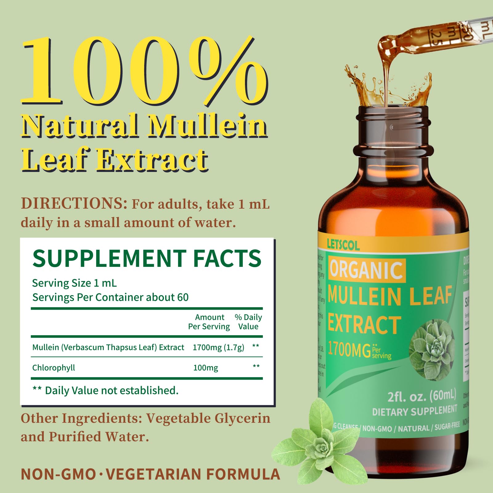 LETSCOL Organic Mullein Drops 1700MG bottle side view