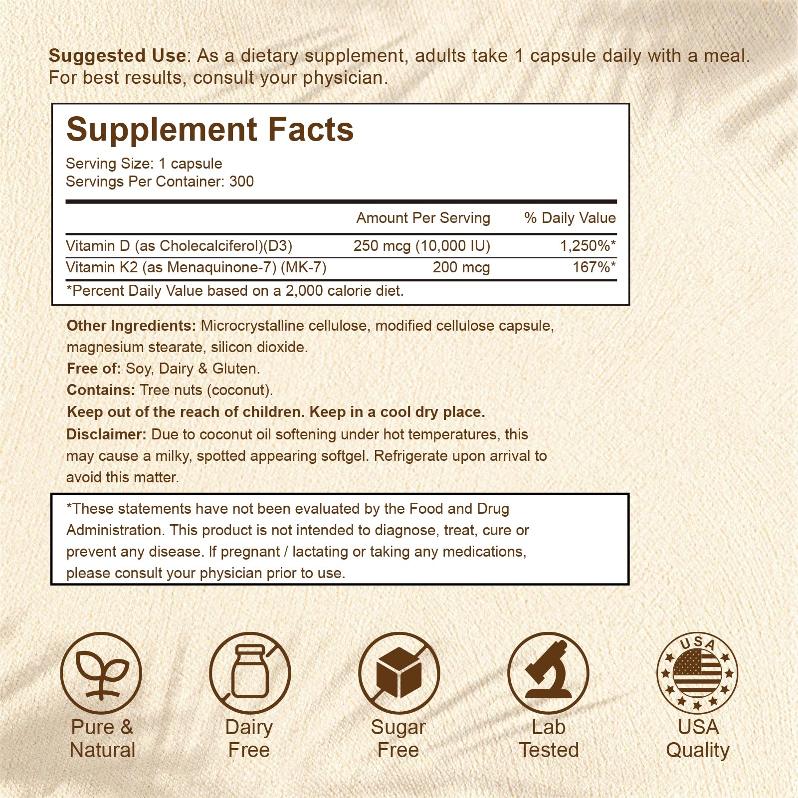 LETSCOL Vitamin D3 K2 Supplement bottle side view