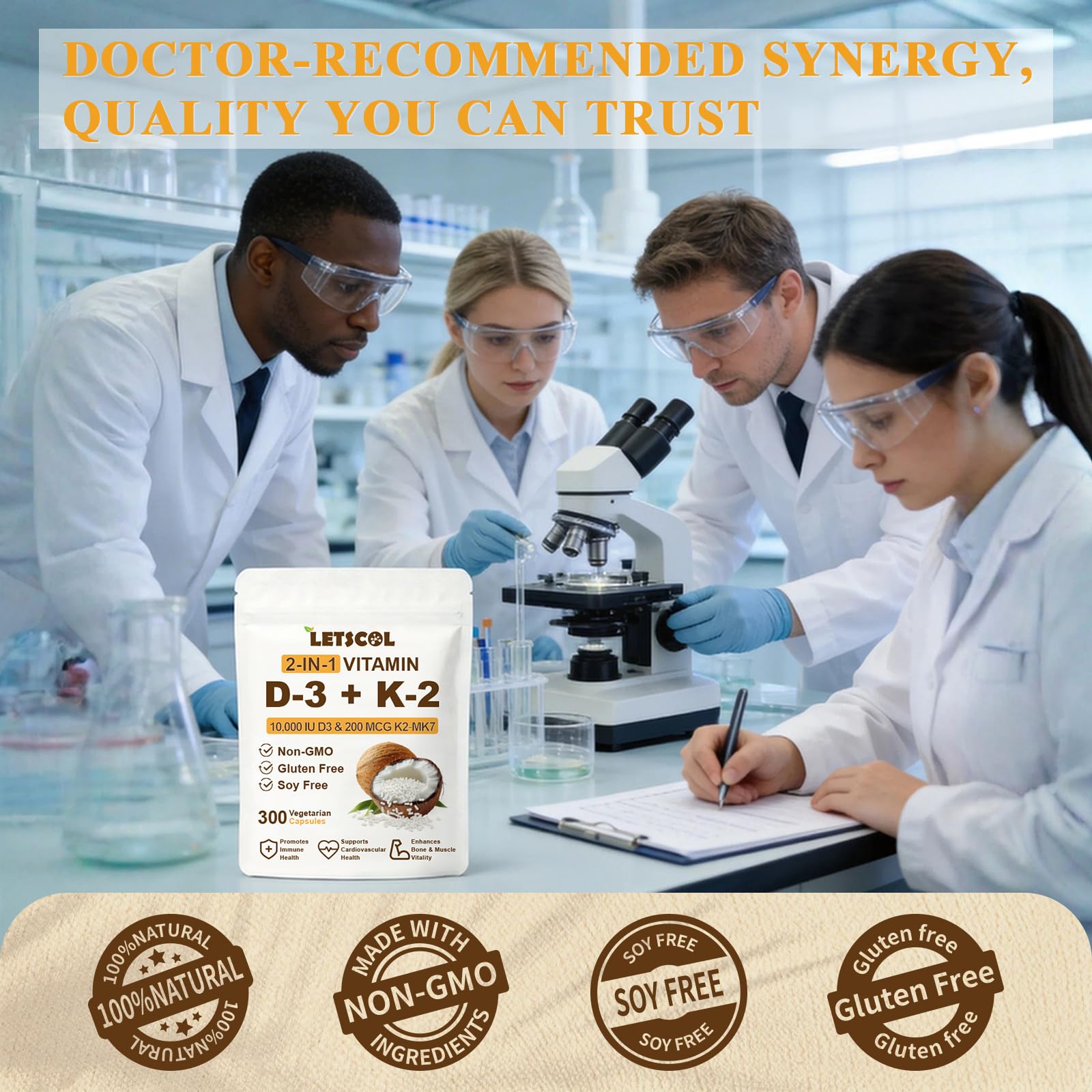 LETSCOL Vitamin D3 K2 Supplement capsules on a wooden surface
