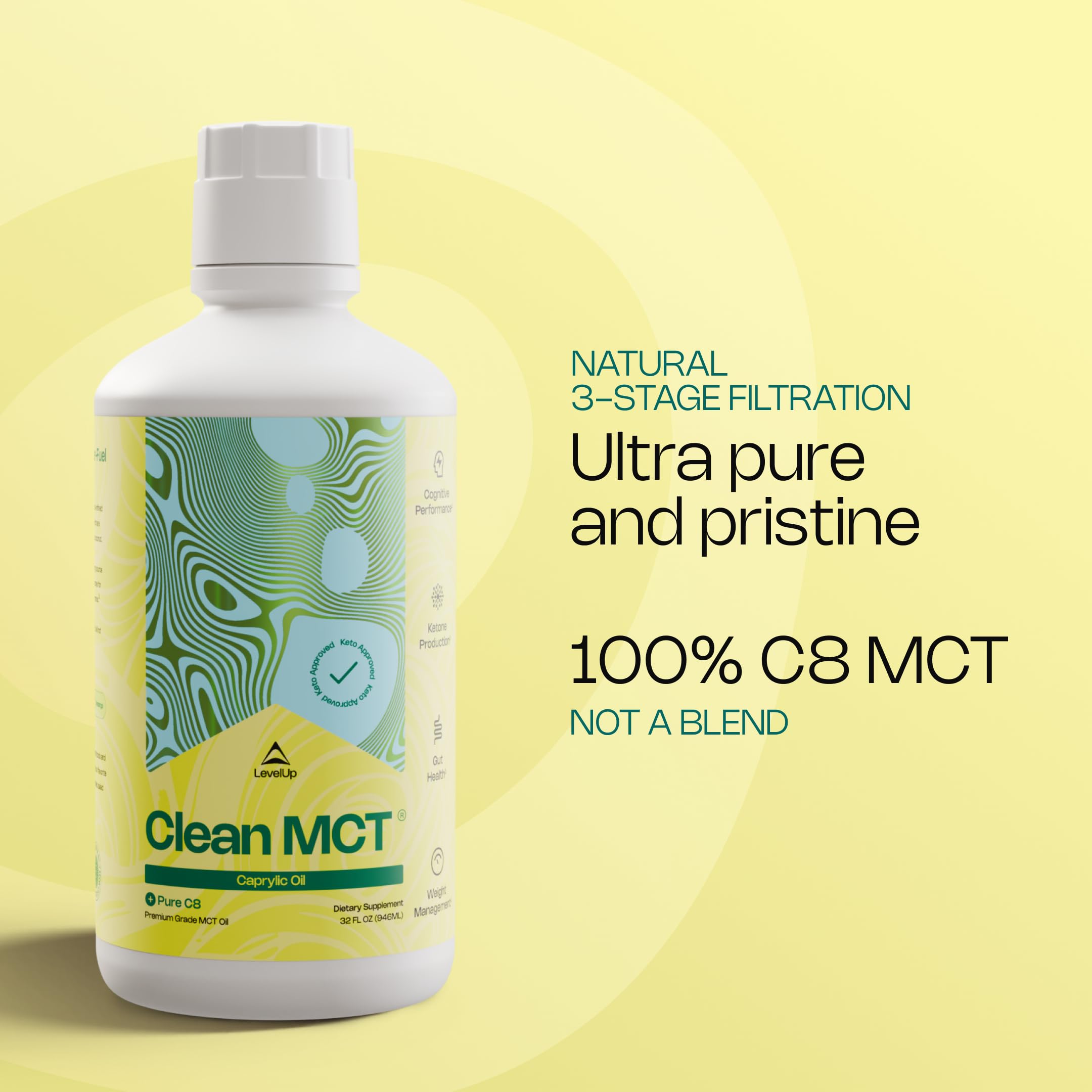 LevelUp MCT Oil 989g in a kitchen setting with coffee