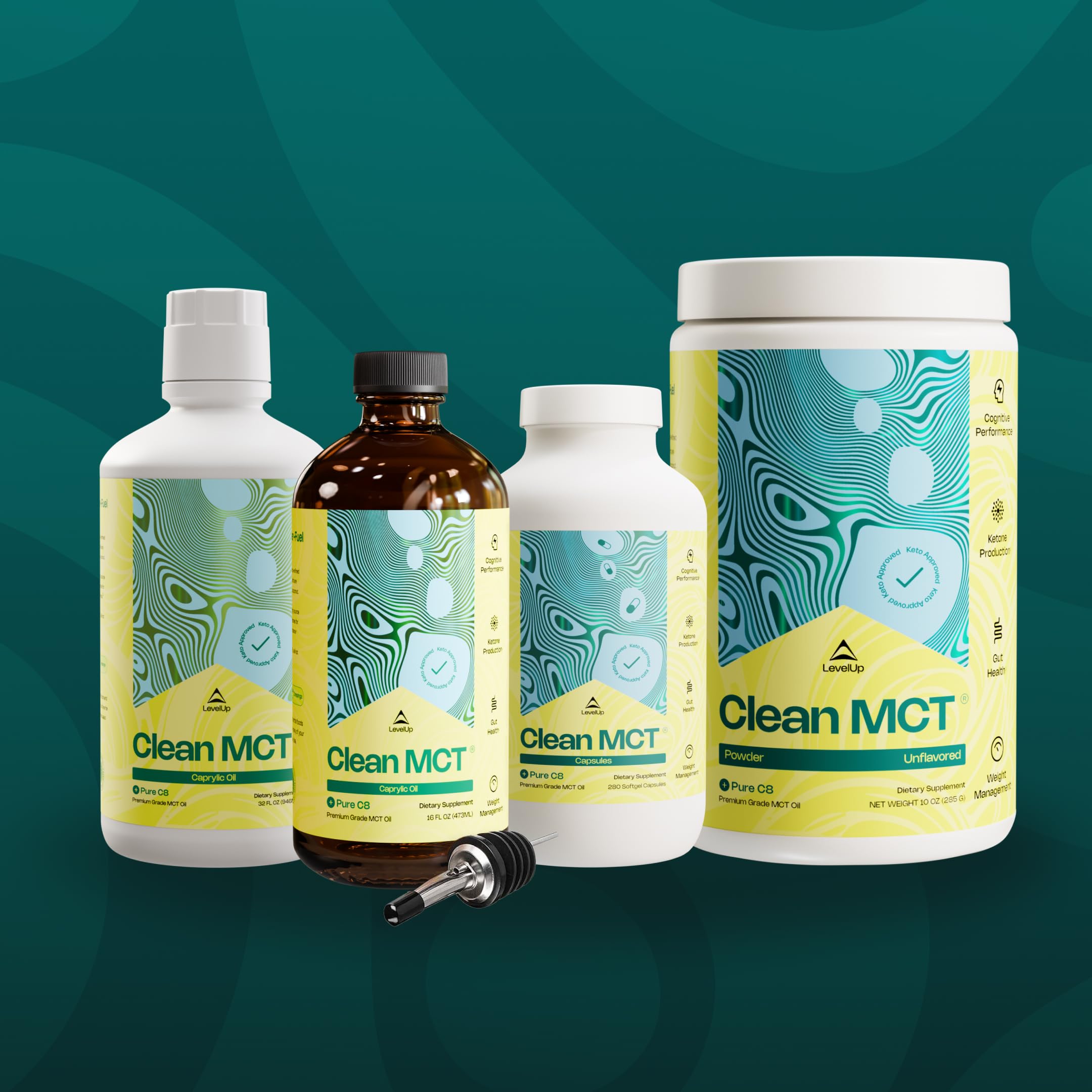 LevelUp MCT Oil bottle with a measuring spoon