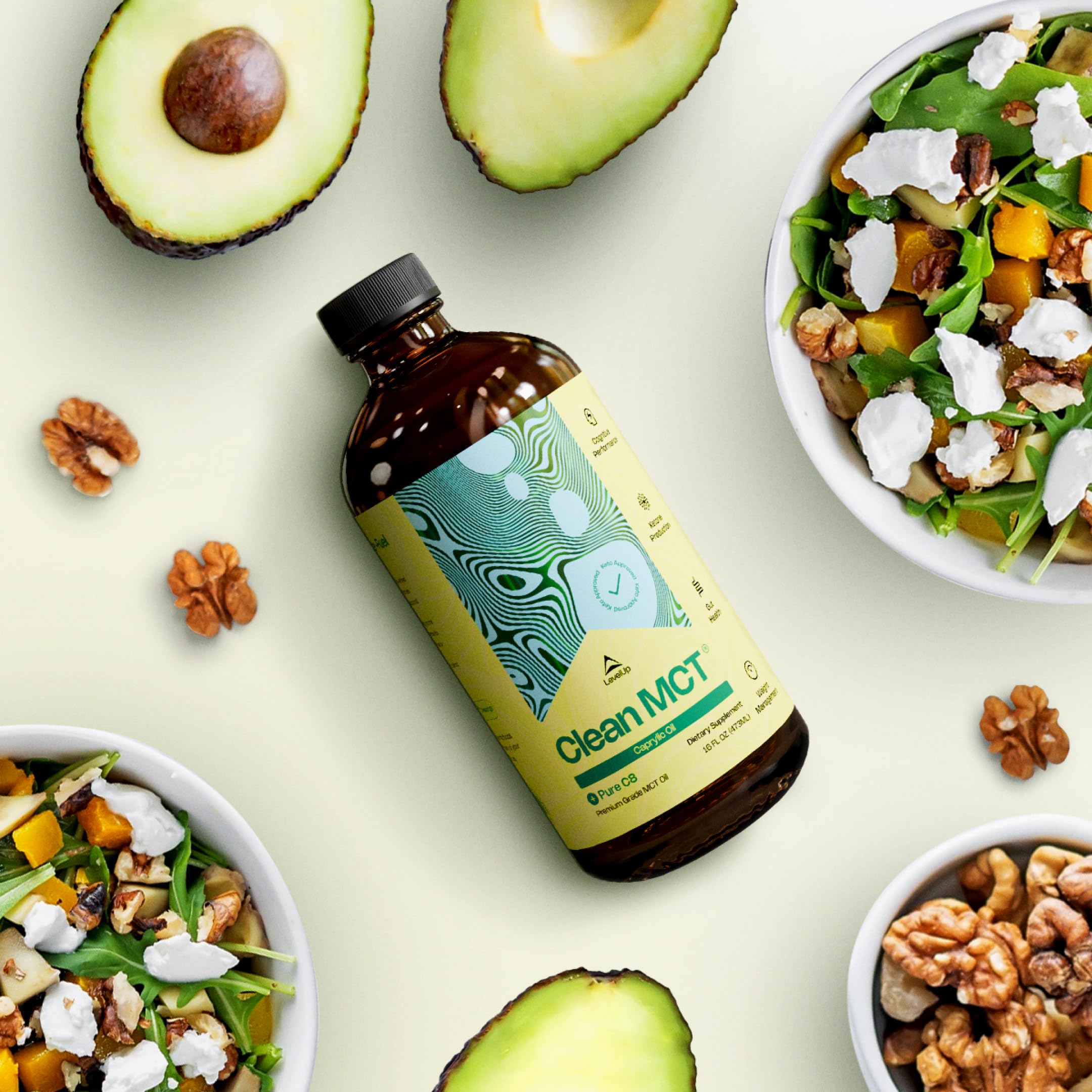 LevelUp MCT Oil on a kitchen countertop with ingredients