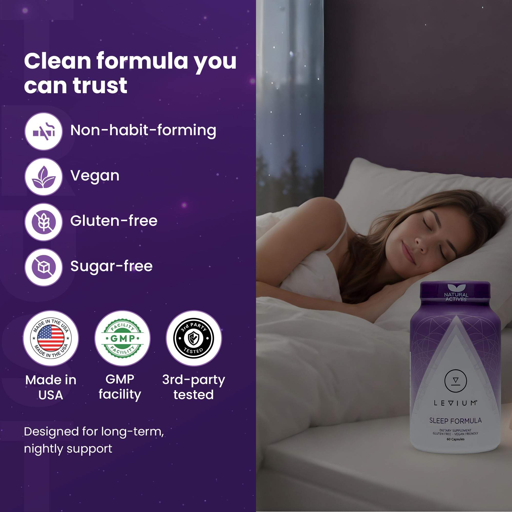 Levium Sleep Formula Supplement bottle with a soft background