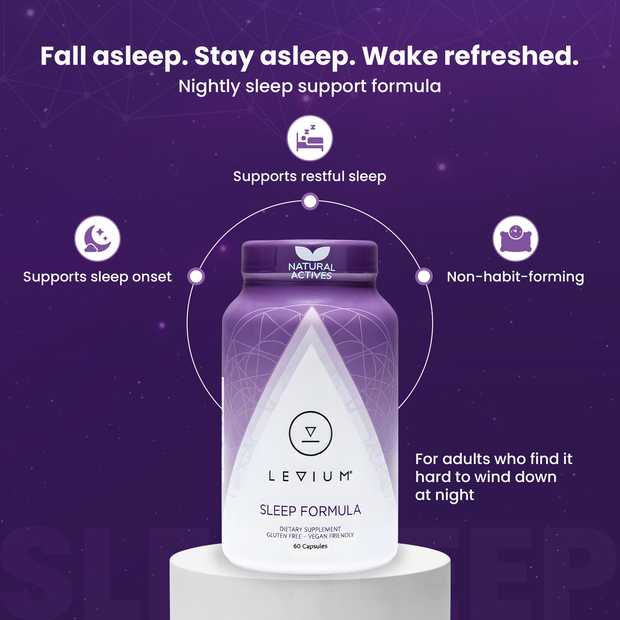 Levium Sleep Formula Supplement capsules in a hand