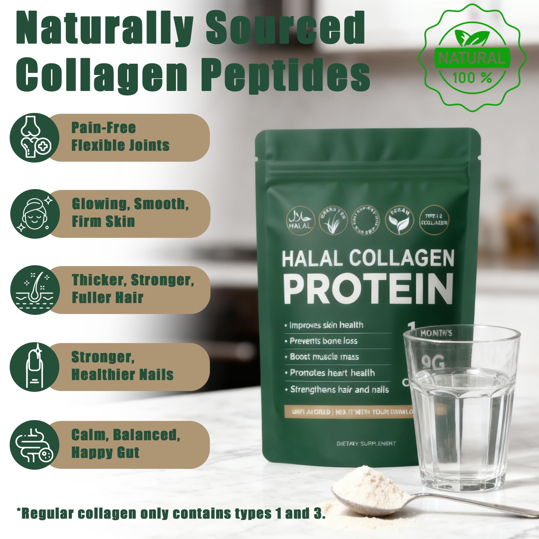 Lexenic Halal Collagen Protein Powder 300g scoop and powder