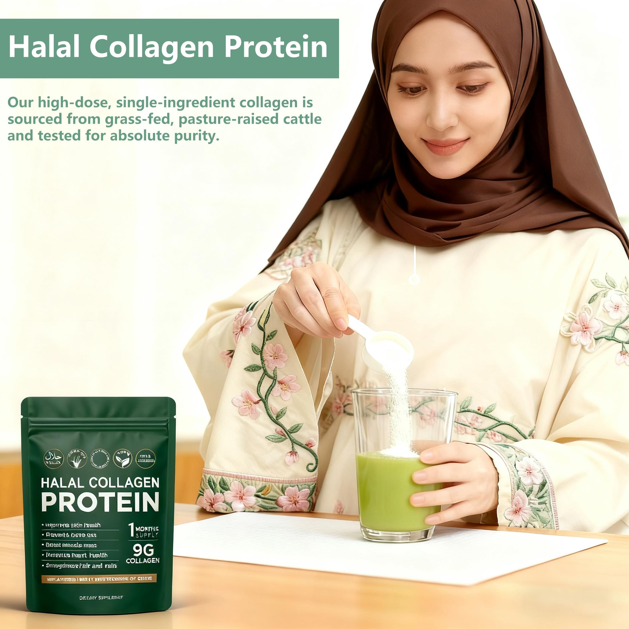 Lexenic Halal Collagen Protein Powder in a glass of water