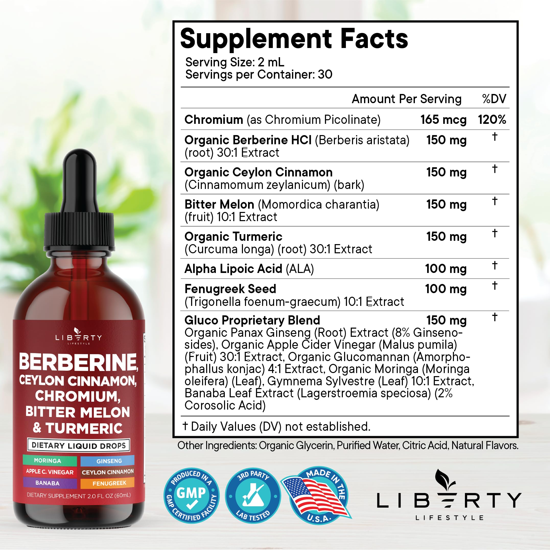 Liberty Lifestyle Berberine with Ceylon Cinnamon Drops bottle side view