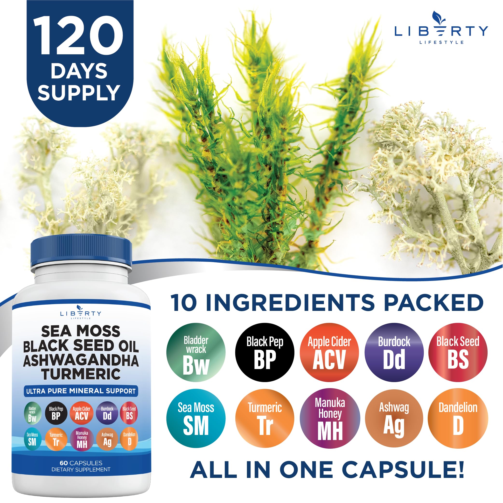 Liberty Lifestyle Sea Moss & Black Seed Oil Capsules on a wooden table