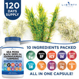 Liberty Lifestyle Sea Moss & Black Seed Oil Capsules on a wooden table