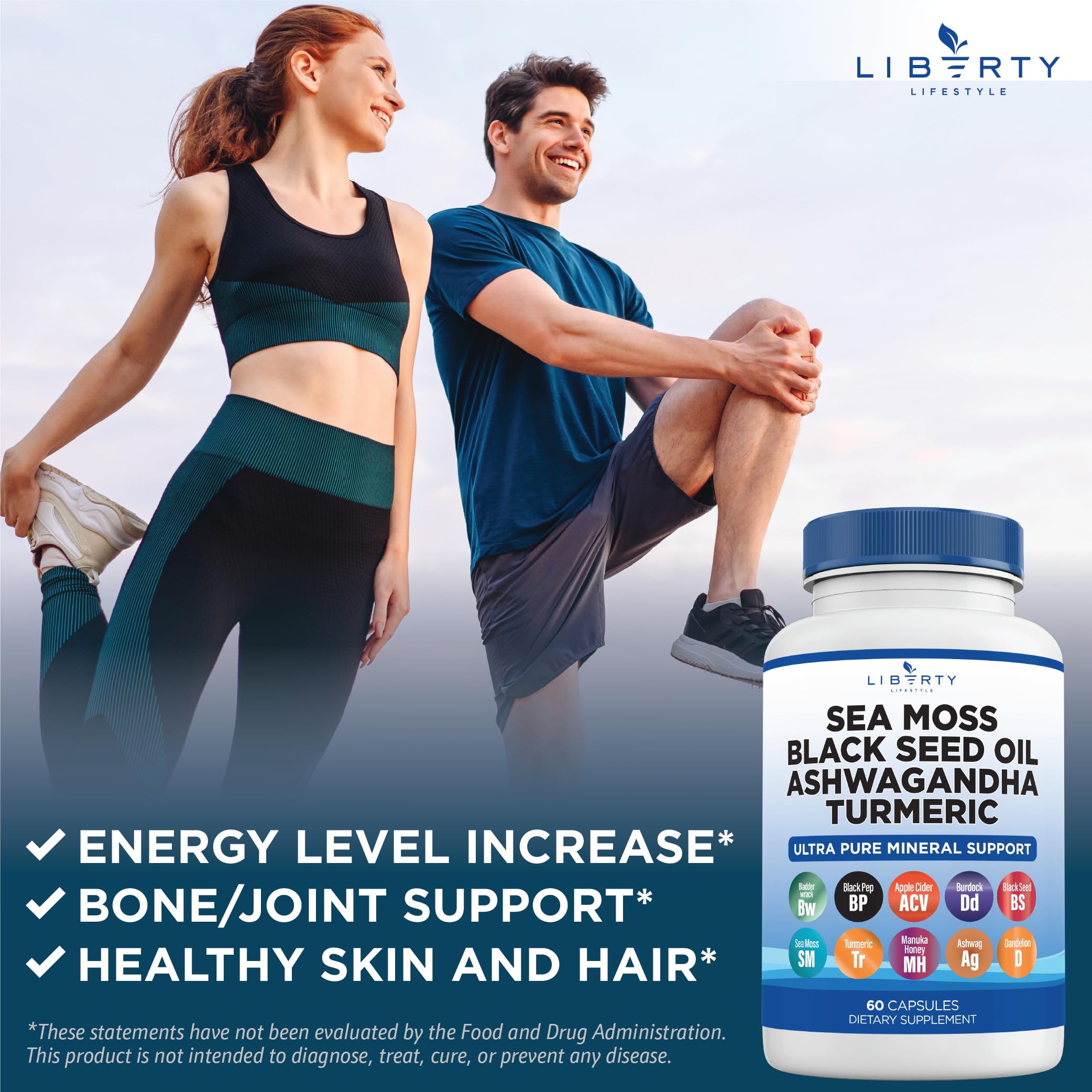 Liberty Lifestyle Sea Moss & Black Seed Oil Capsules with a glass of water