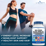 Liberty Lifestyle Sea Moss & Black Seed Oil Capsules with a glass of water
