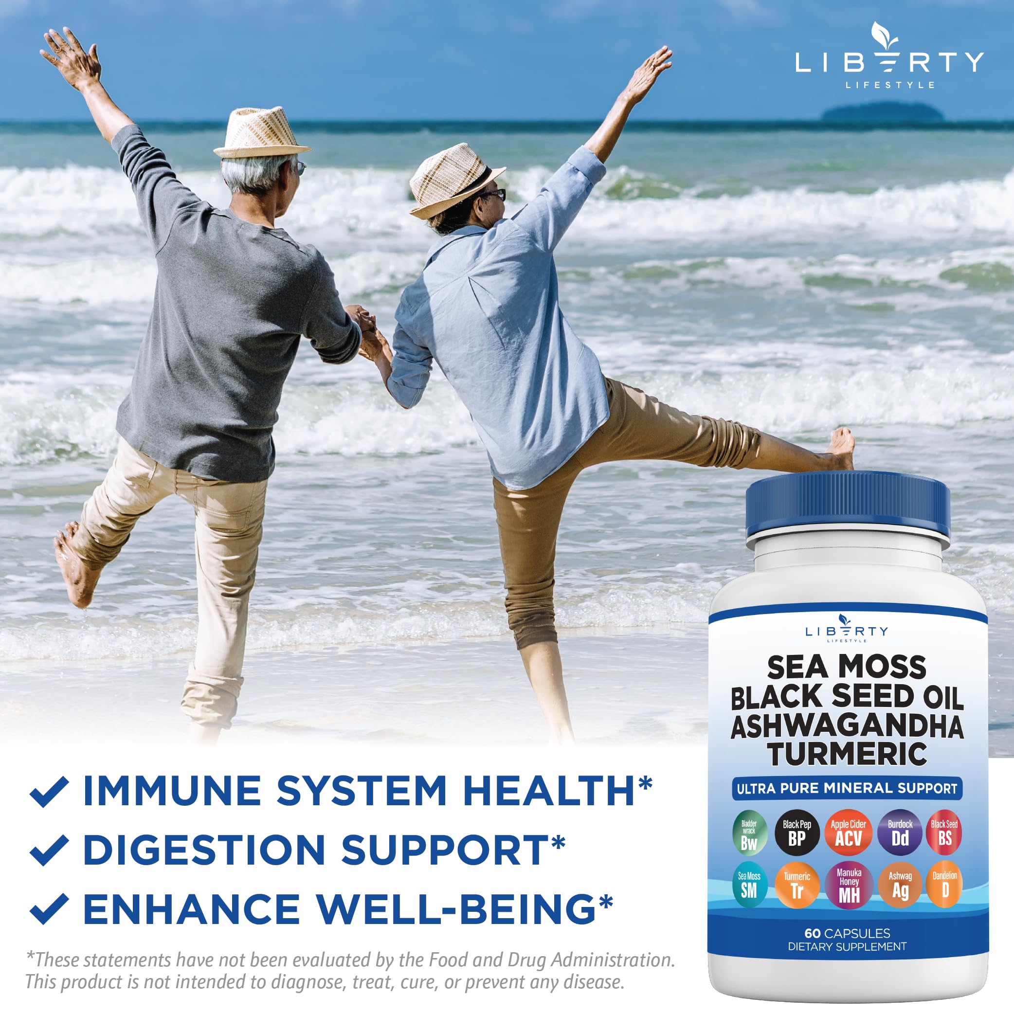 Liberty Lifestyle Sea Moss & Black Seed Oil Capsules with a measuring spoon