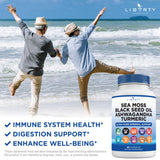 Liberty Lifestyle Sea Moss & Black Seed Oil Capsules with a measuring spoon