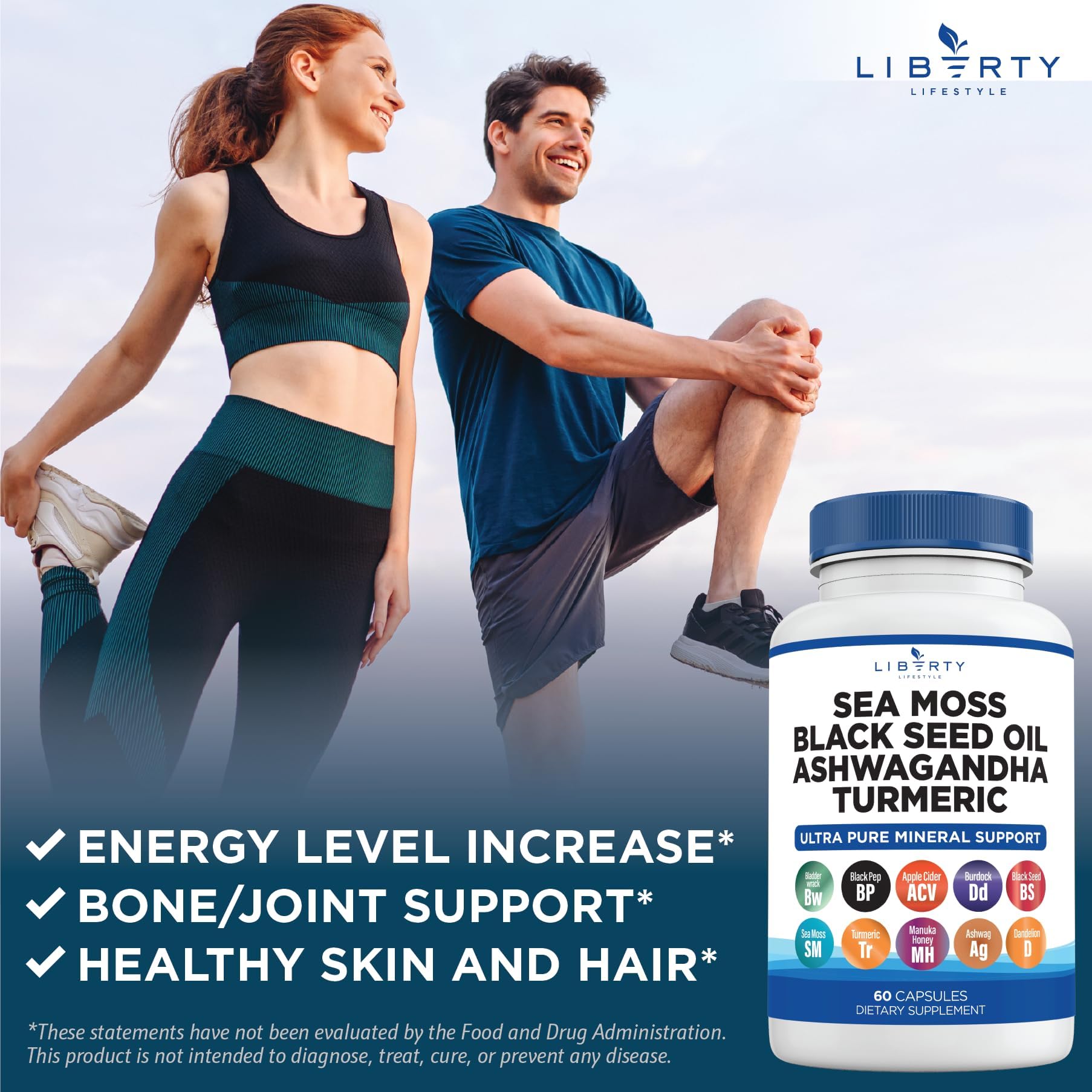 Liberty Lifestyle Sea Moss & Black Seed Oil Capsules with a measuring spoon