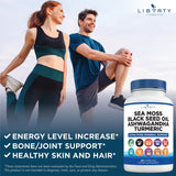 Liberty Lifestyle Sea Moss & Black Seed Oil Capsules with a measuring spoon