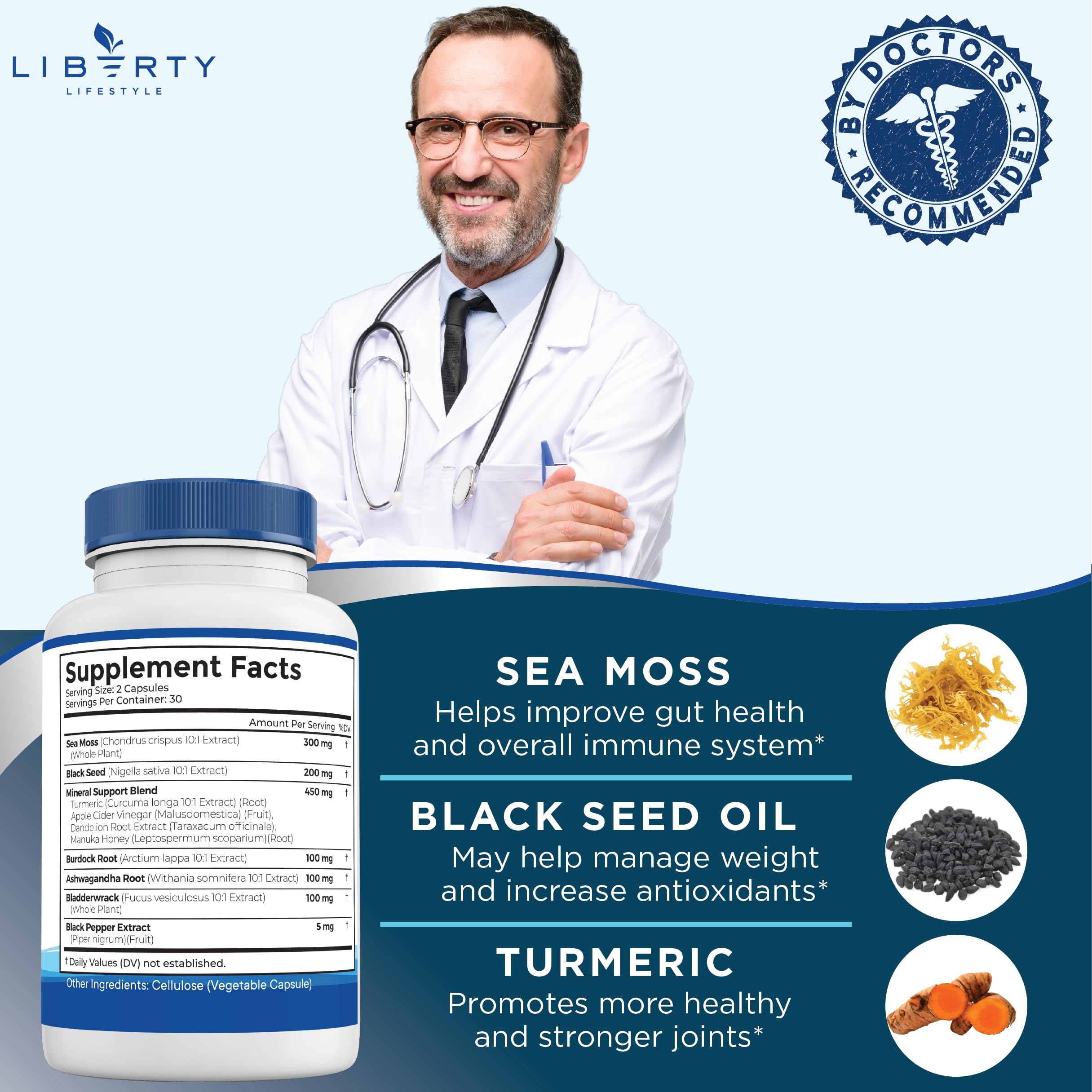 Liberty Lifestyle Sea Moss & Black Seed Oil Capsules with packaging