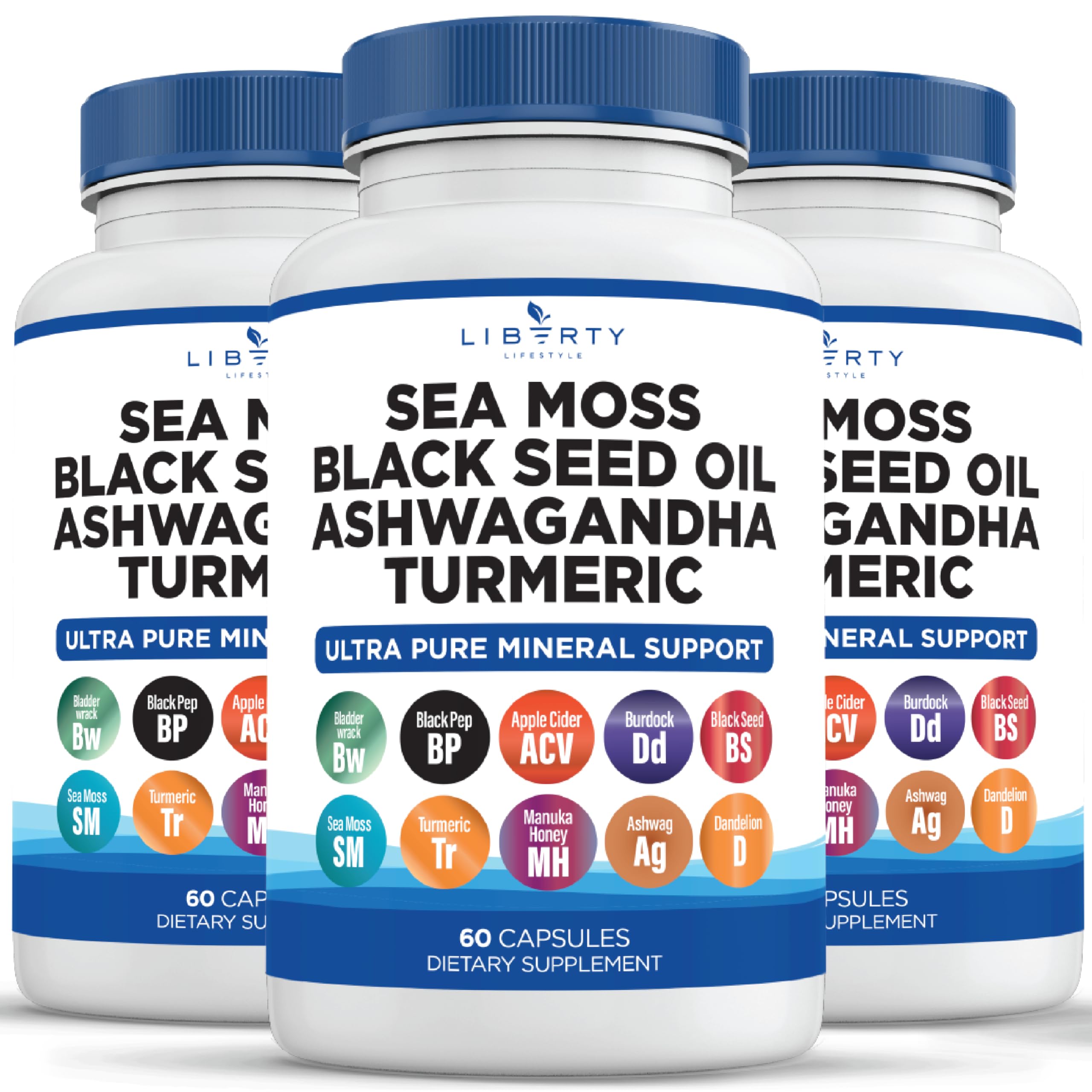Liberty Lifestyle Sea Moss Capsules front view with 60 capsules