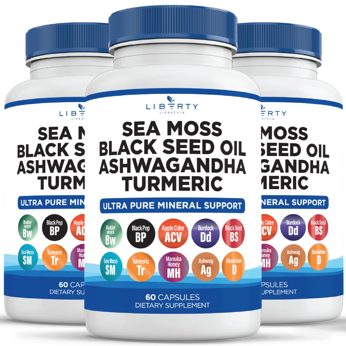 Liberty Lifestyle Sea Moss Capsules front view with 60 capsules