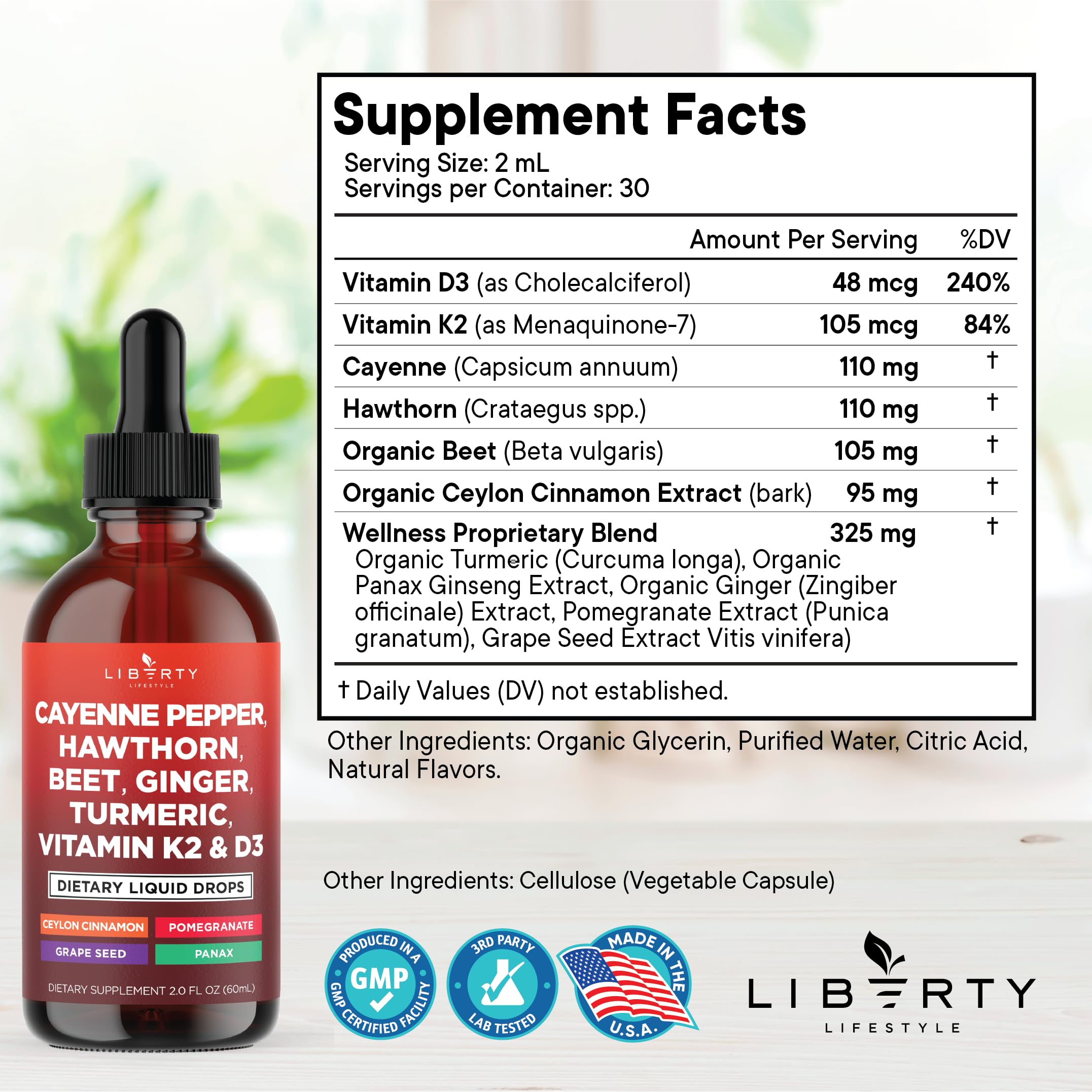 Liberty Lifestyle supplement bottle side view showing label