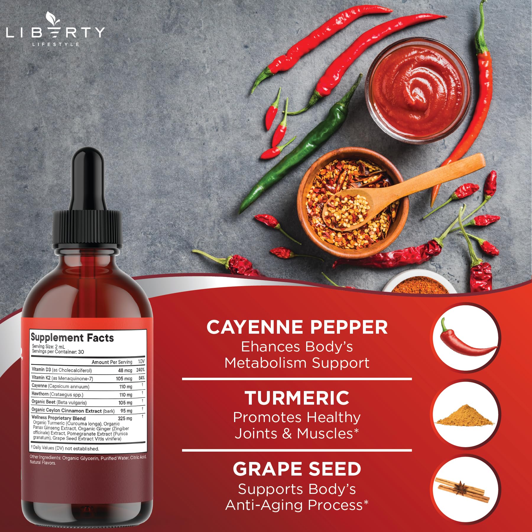 Liberty Lifestyle supplement on a wooden table with herbs