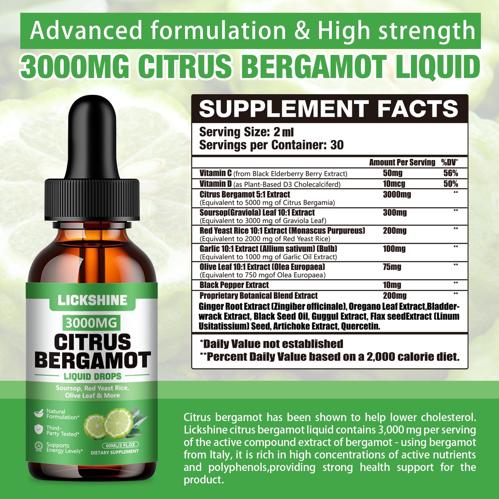 Lickshine Citrus Bergamot Liquid Drops 3000MG bottle with dropper