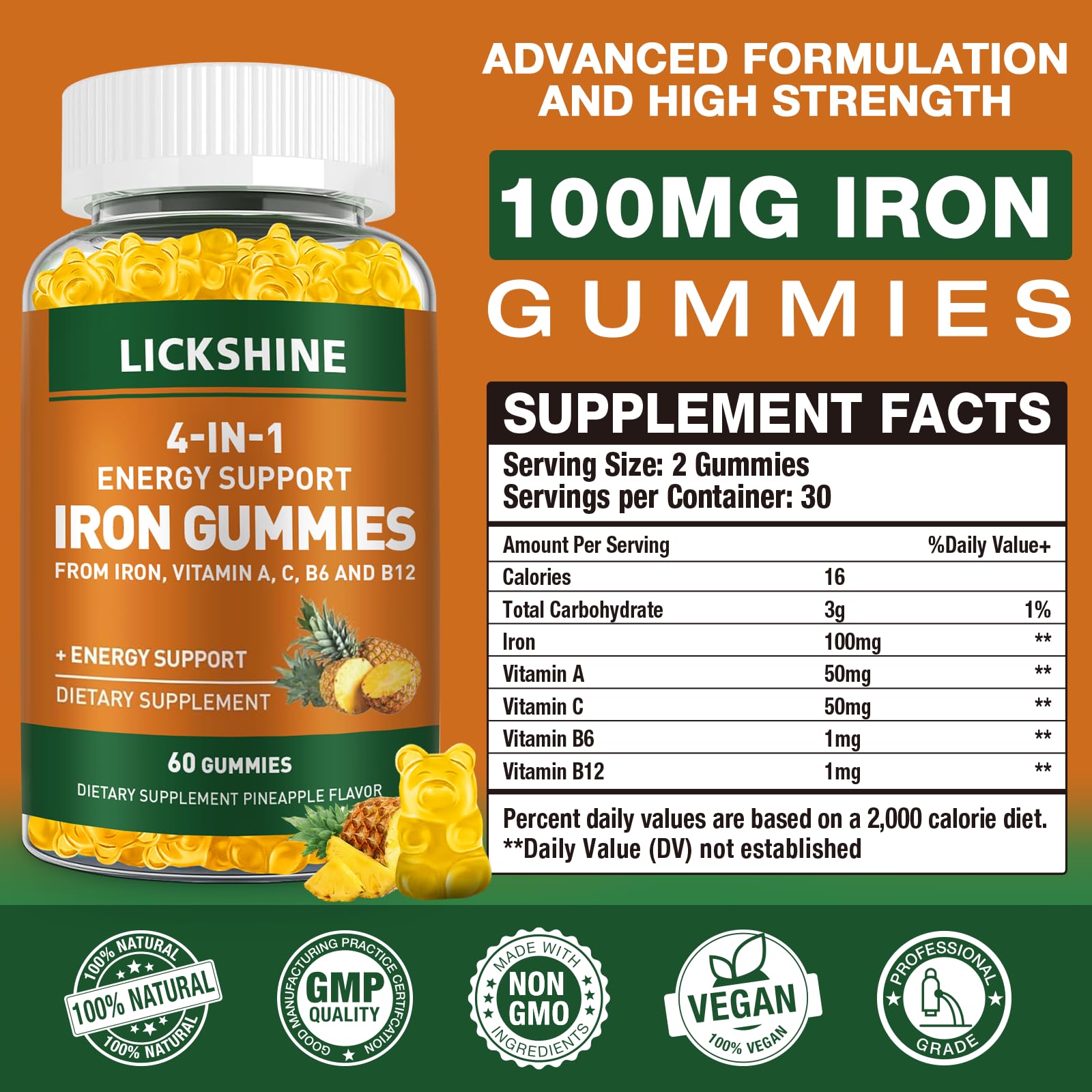 Lickshine Iron Gummies 100mg close-up of gummies