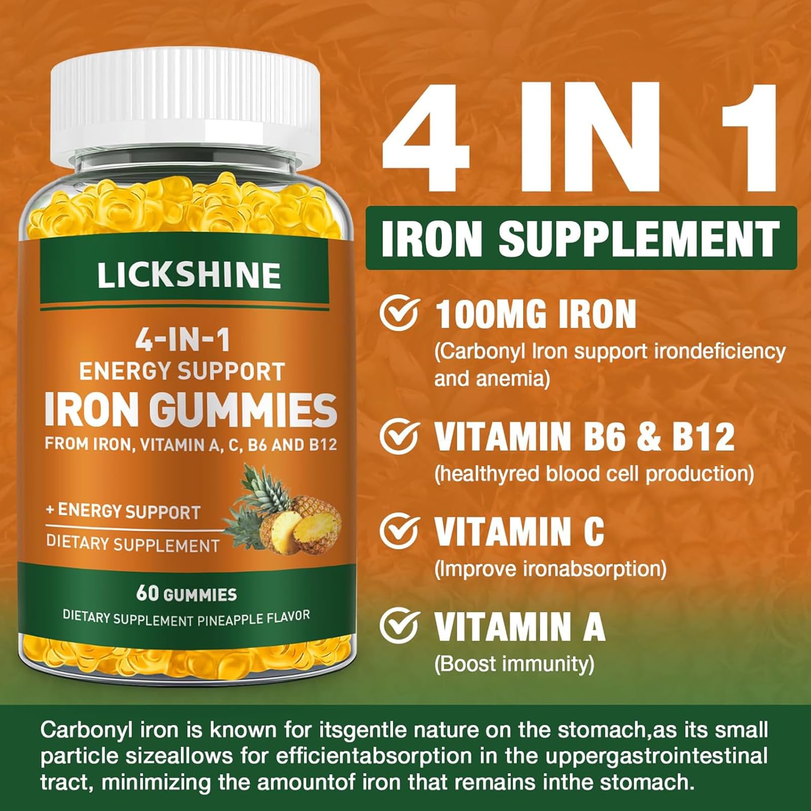 Lickshine Iron Gummies 100mg side view with nutritional information