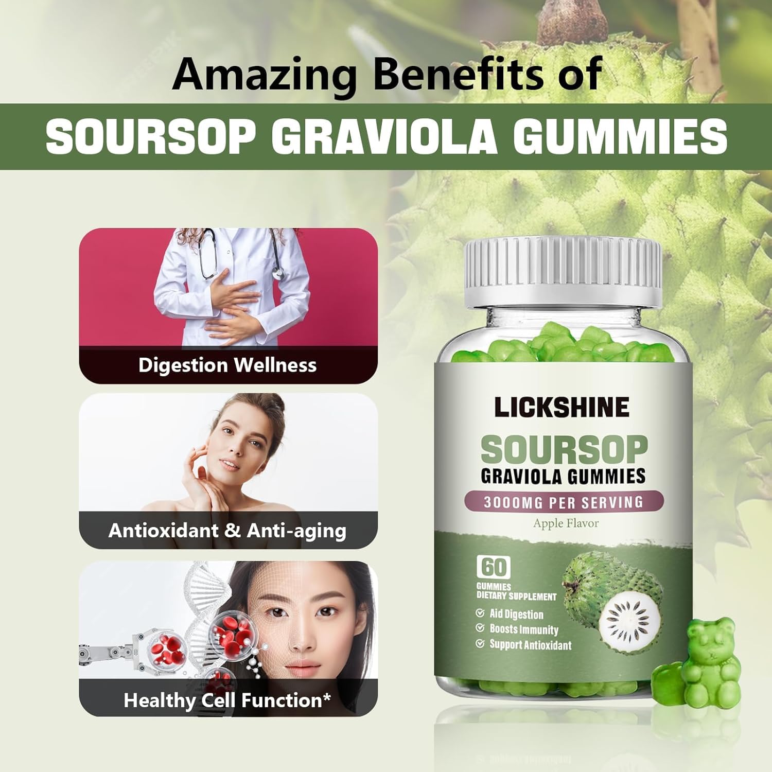 lickshine Soursop Graviola Gummies showing ingredients list