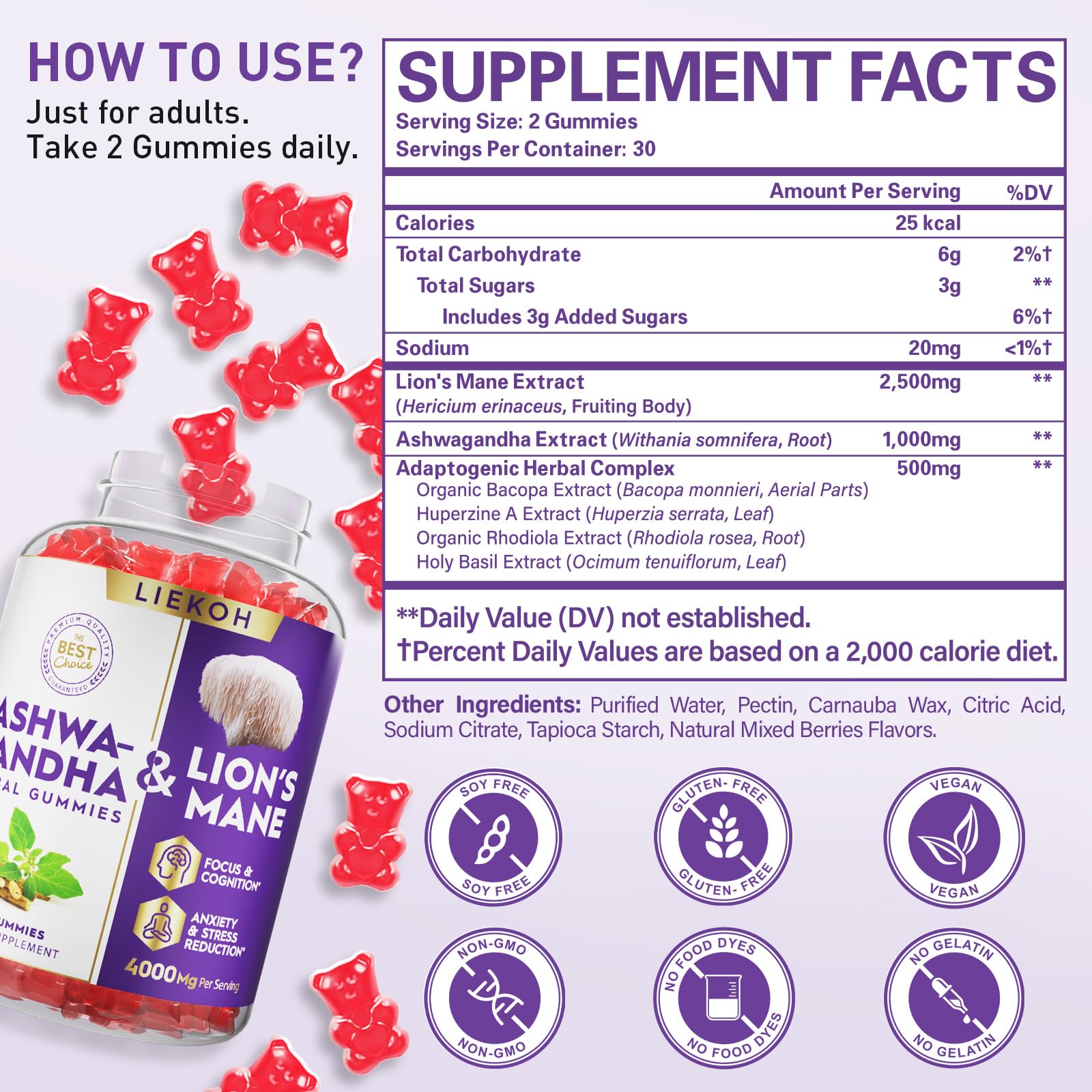 Liekoh Ashwagandha Gummies packaging and nutrition facts