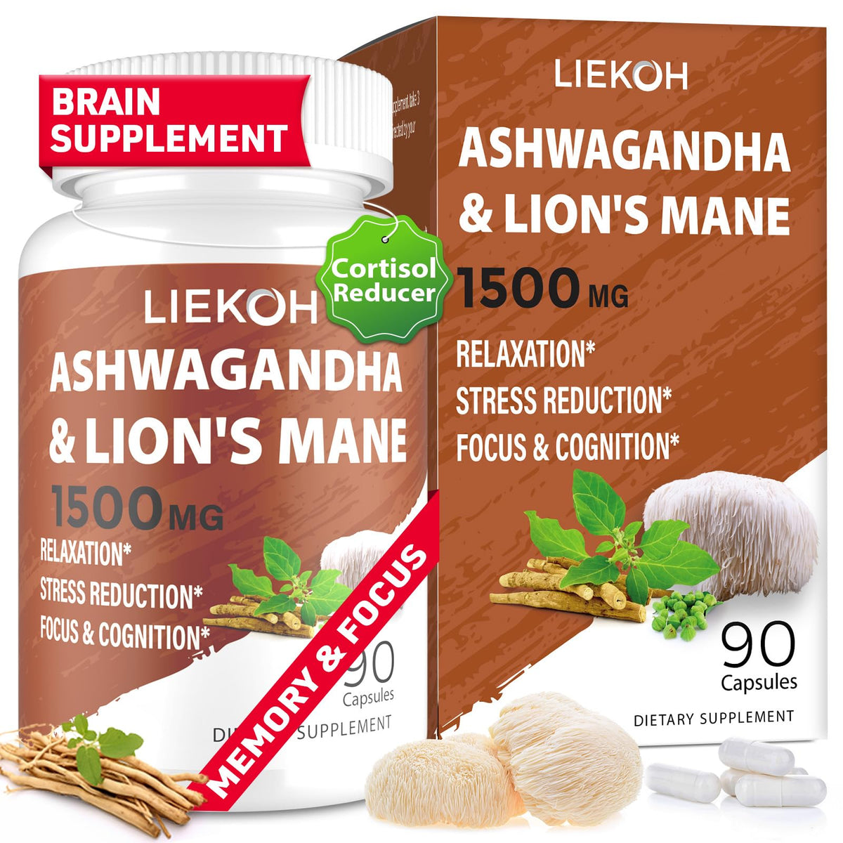 Liekoh Lions Mane and Ashwagandha Supplement Capsules front view
