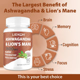 Liekoh Lions Mane and Ashwagandha Supplement Capsules on a wooden table