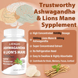 Liekoh Lions Mane and Ashwagandha Supplement Capsules open bottle with capsules