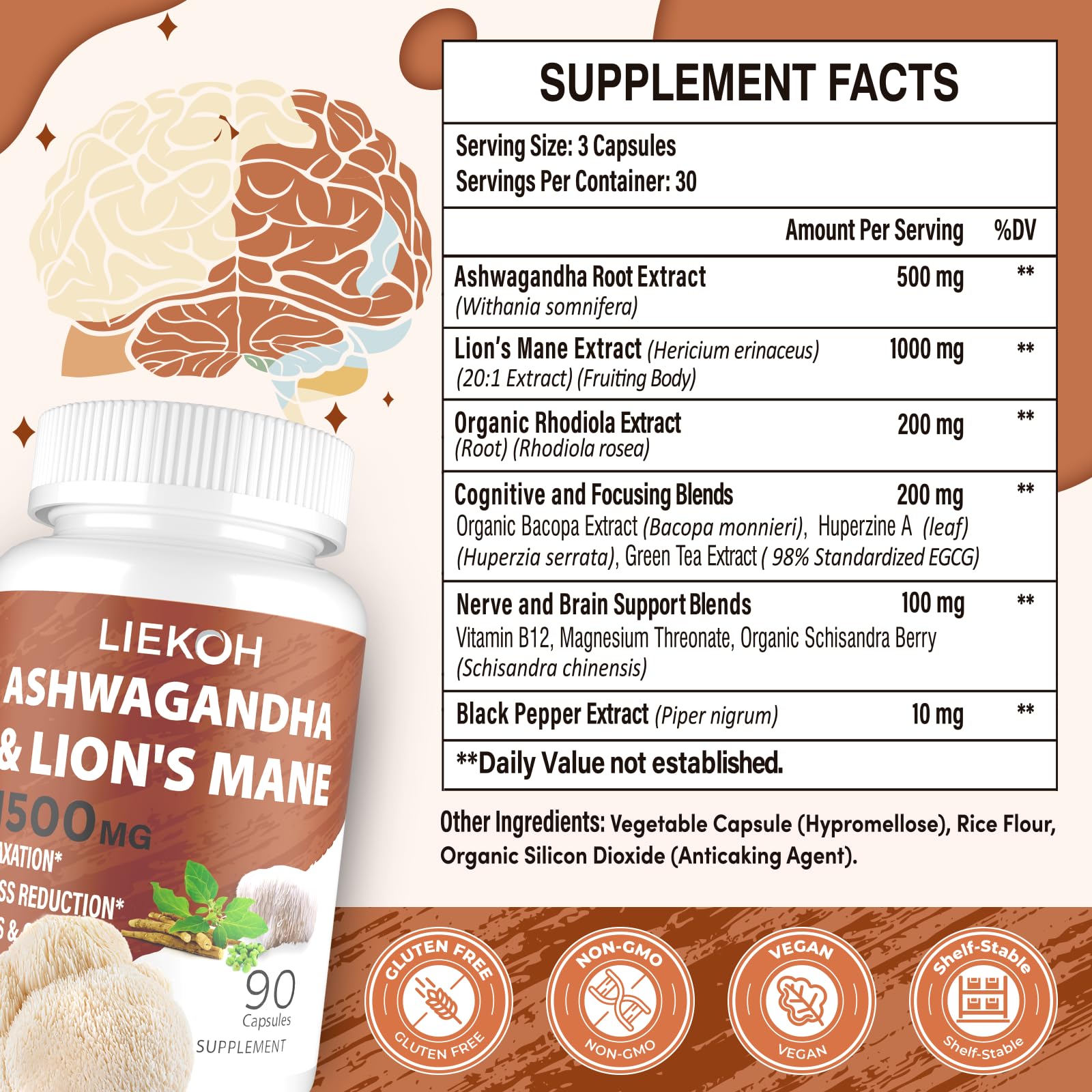 Liekoh Lions Mane and Ashwagandha Supplement Capsules side view