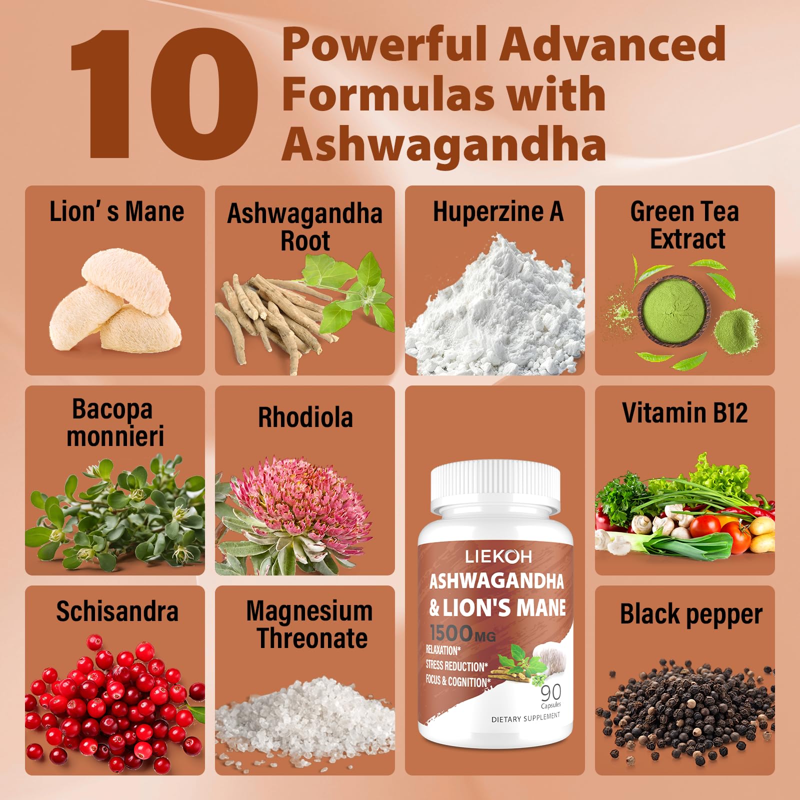 Liekoh Lions Mane and Ashwagandha Supplement Capsules with measuring spoon