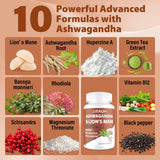 Liekoh Lions Mane and Ashwagandha Supplement Capsules with measuring spoon