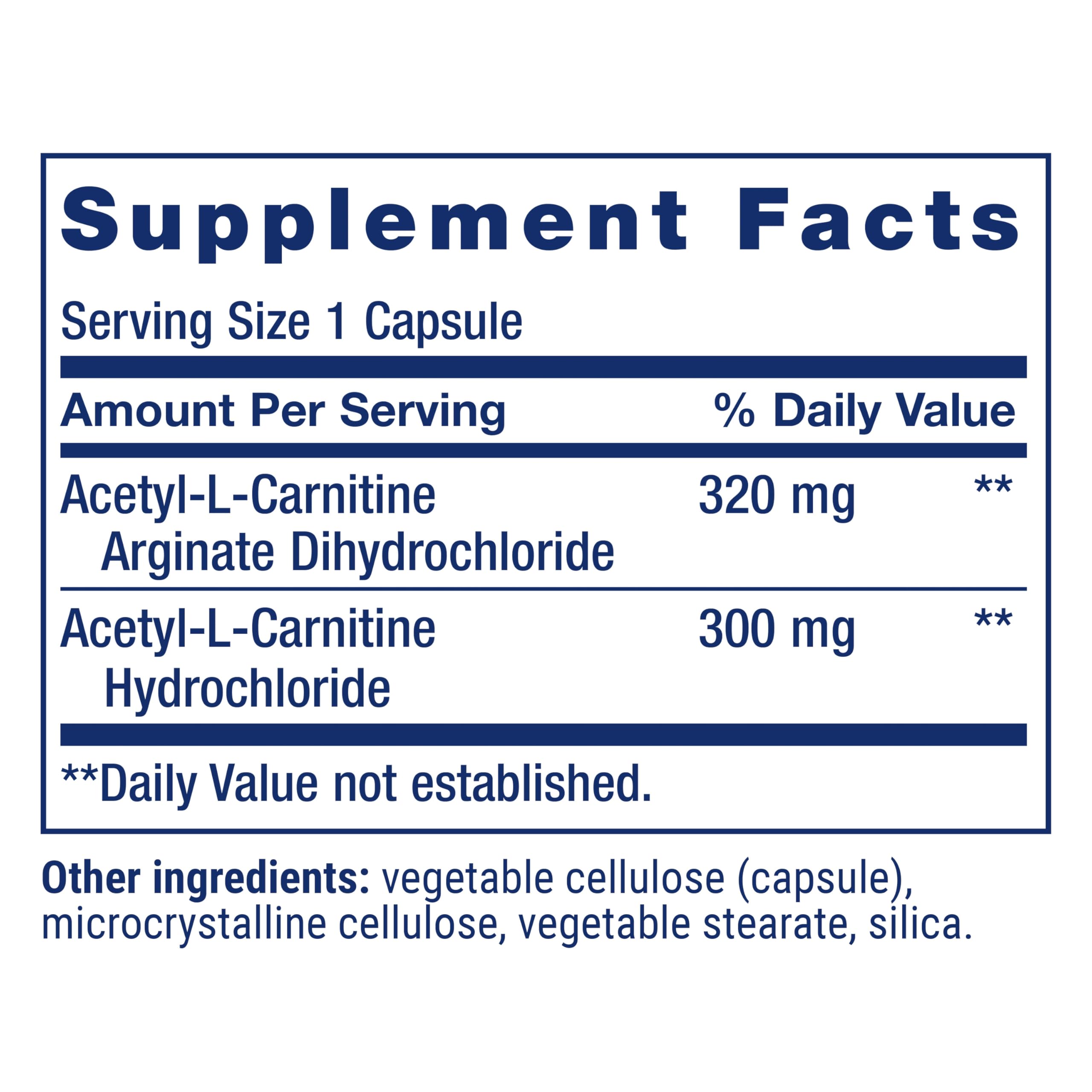Life Extension Acetyl-L-Carnitine 620mg capsules on a white background