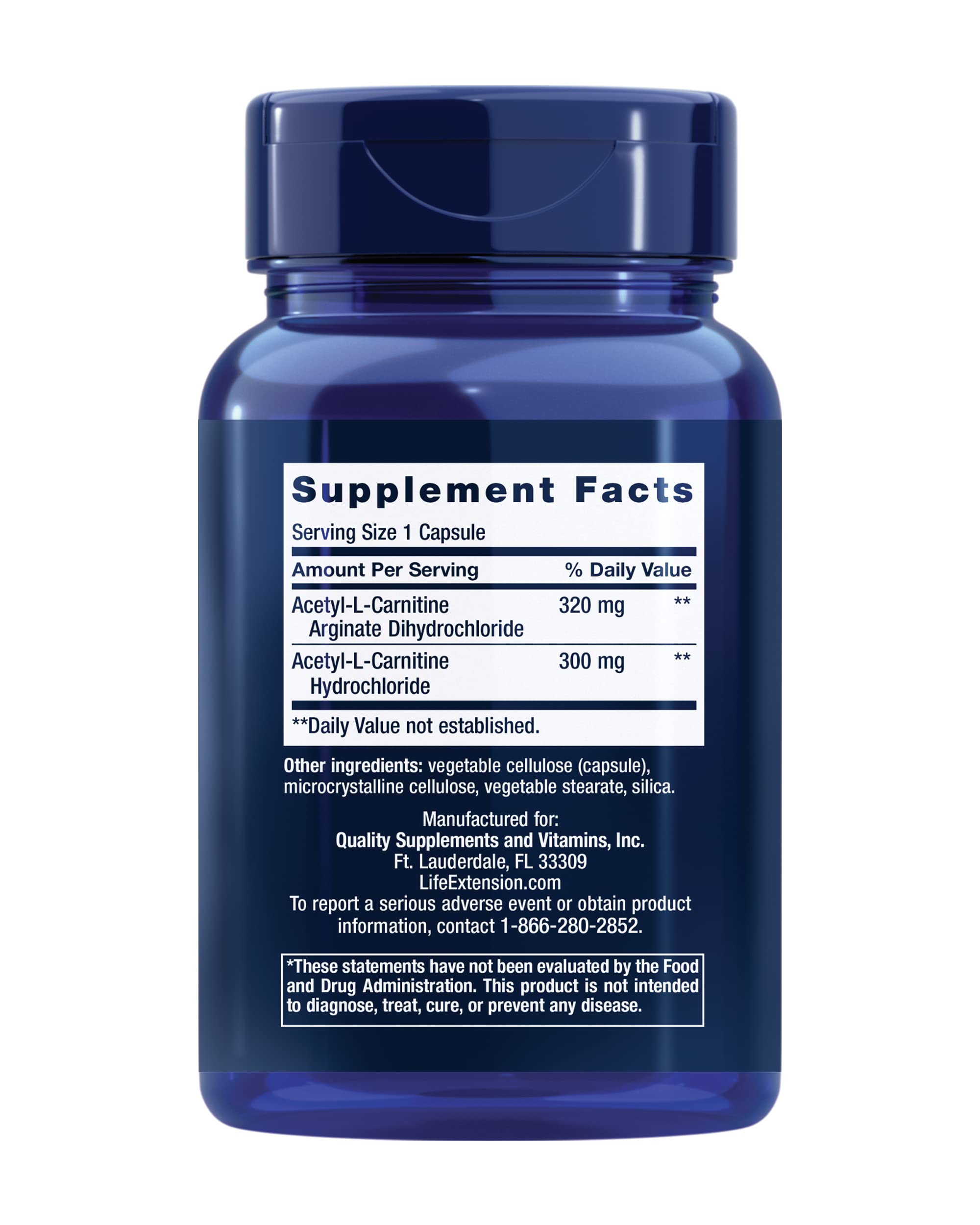 Life Extension Acetyl-L-Carnitine 620mg side view showing capsule