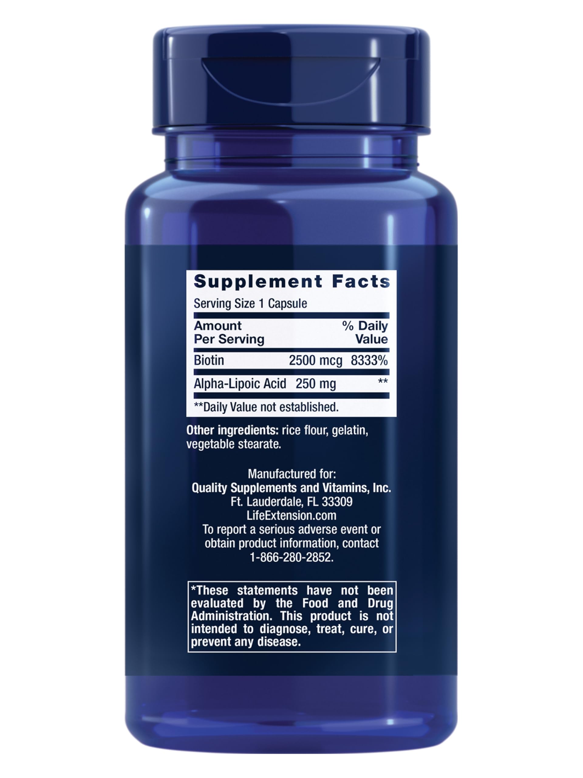 Life Extension Alpha Lipoic Acid 250mg with Biotin 60 Capsules side view