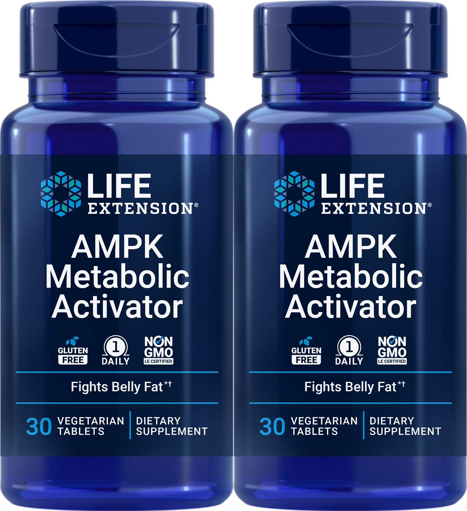 Life Extension AMPK Activator two bottles front view with 30 vegetarian capsules each