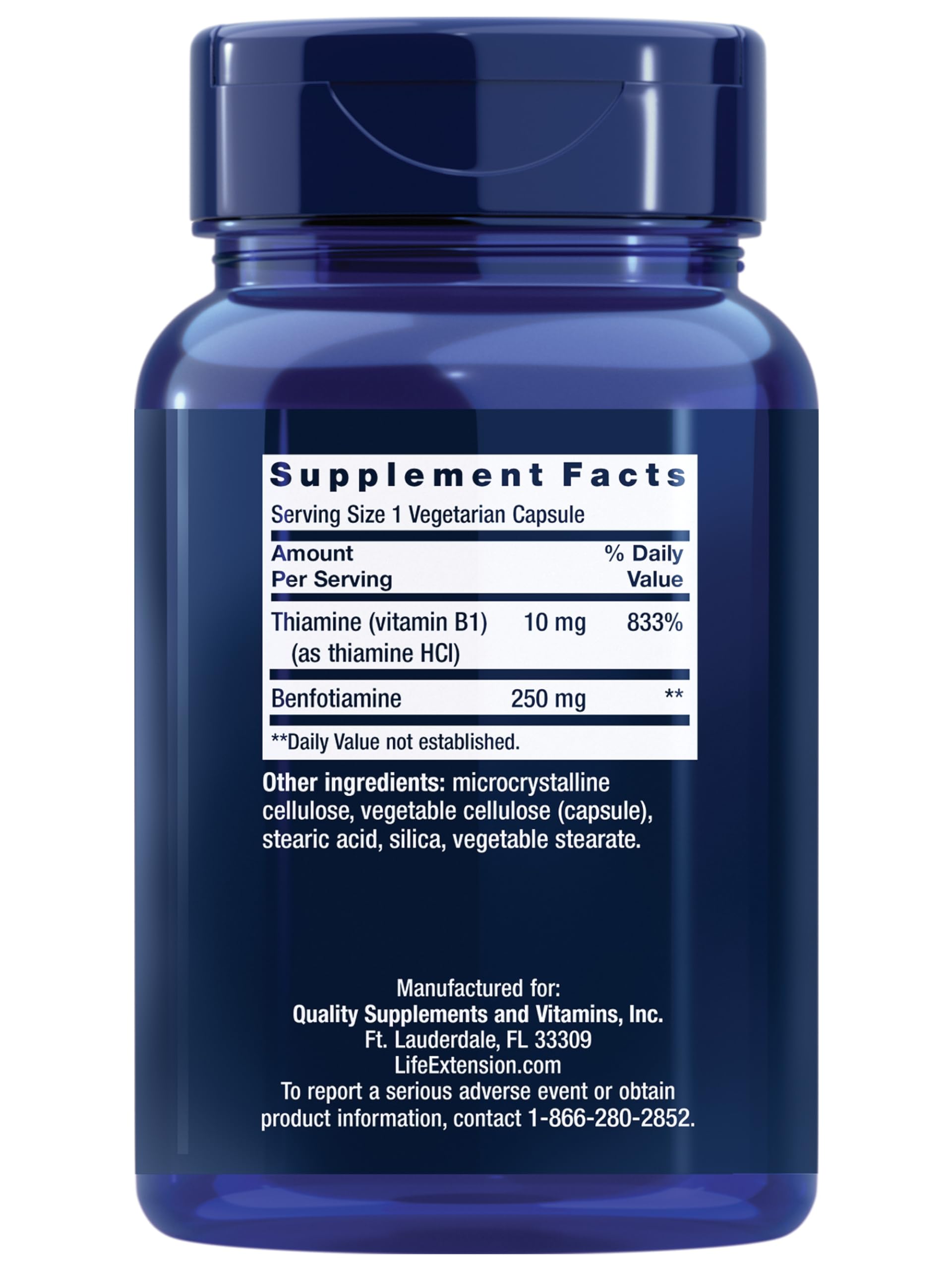 Life Extension Benfotiamine B1 Supplement 250mg side view
